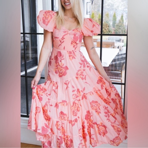 Free People Short Sleeve Sundrenched Maxi Dress In Pinky Combo Size M - Picture 1 of 9